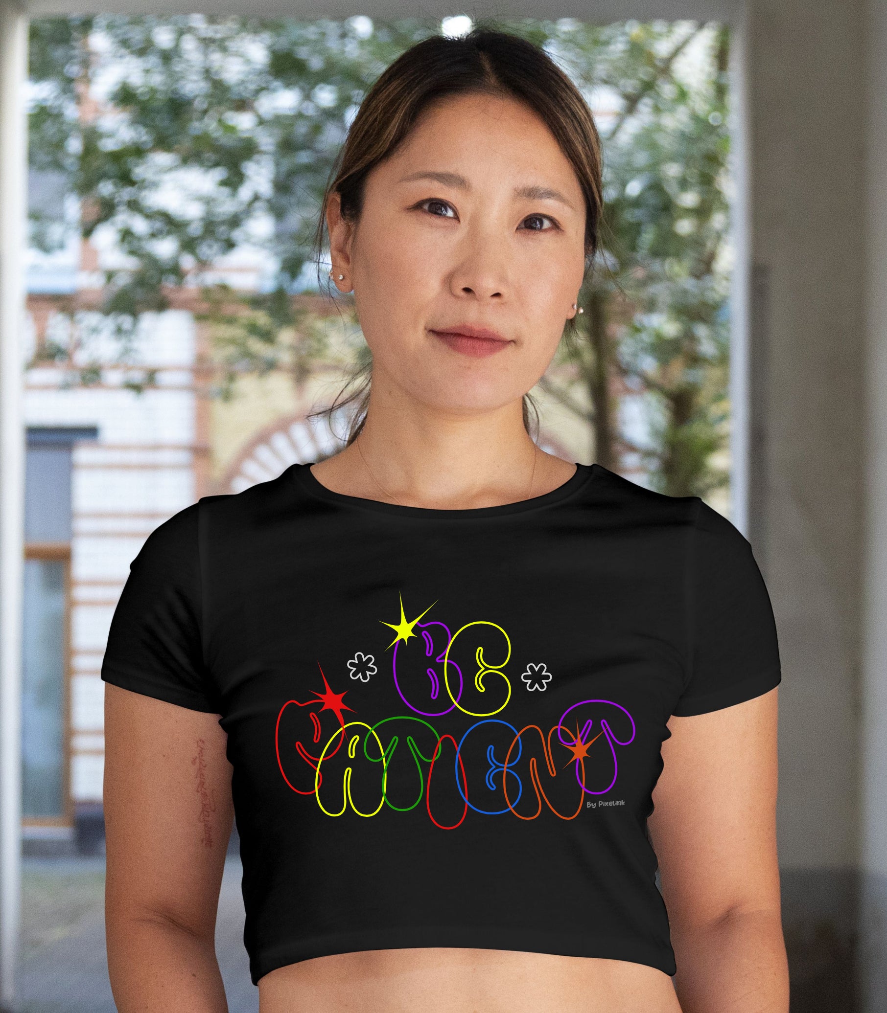Pixelink - Be Patient Graphic Printed - Crop Top – Black Color Front View 1