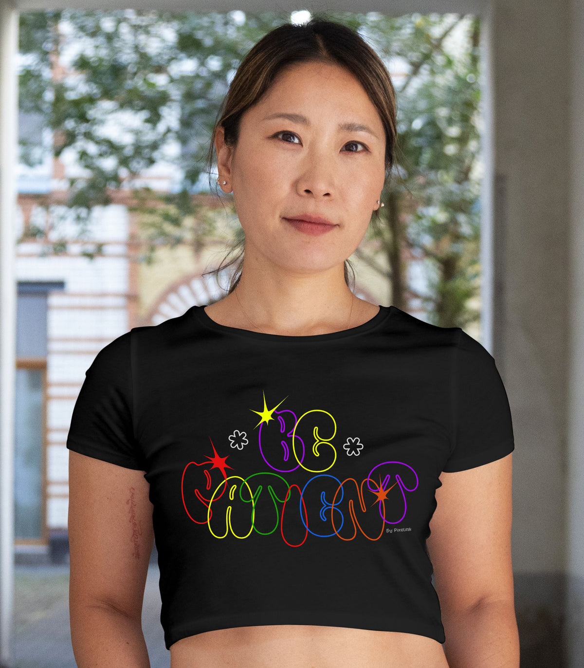Pixelink - Be Patient Graphic Printed - Crop Top – Black Color Front View 1
