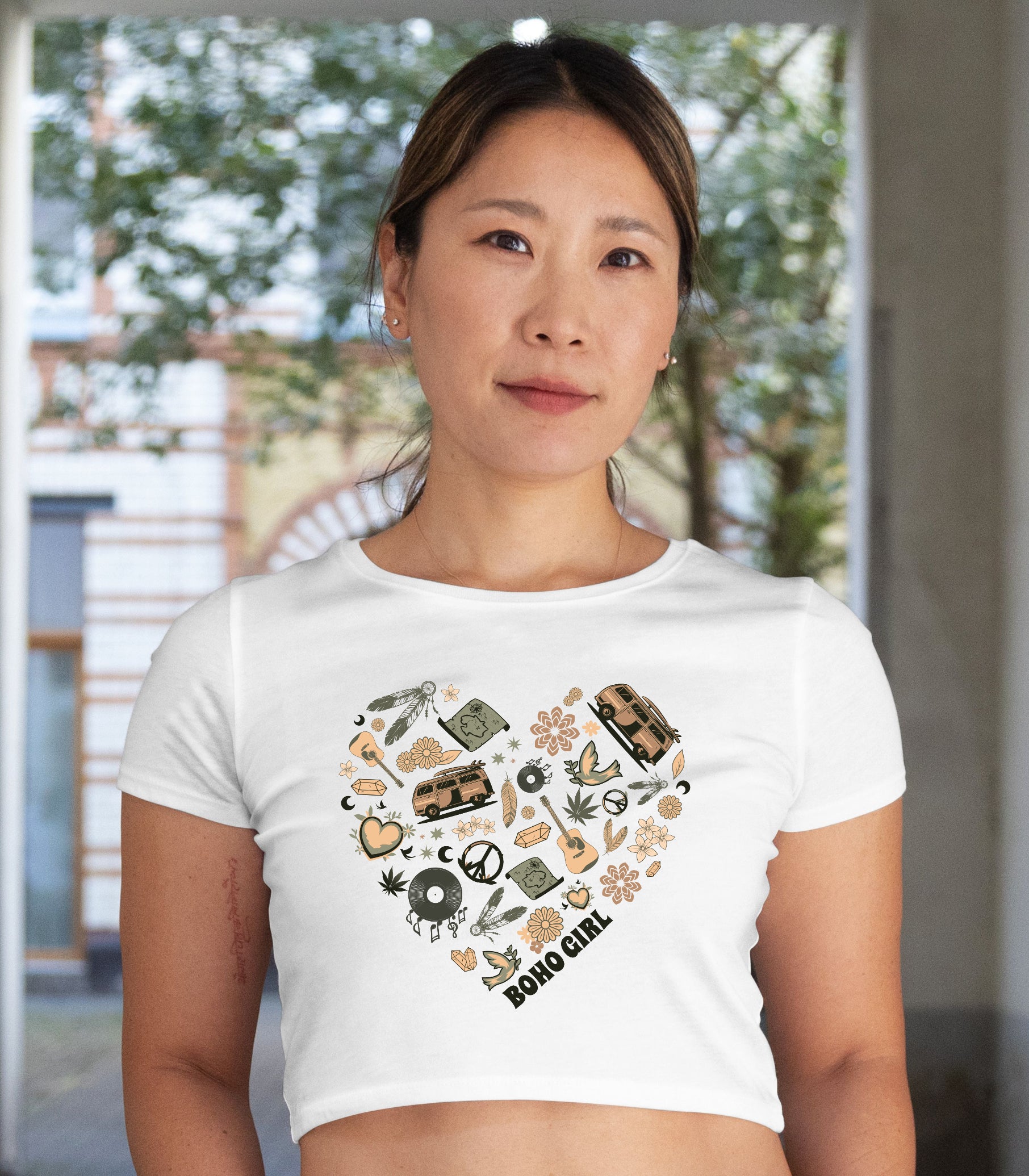 Pixelink - Boho Girl – Graphic Printed - Crop Top - White Color Front View 1