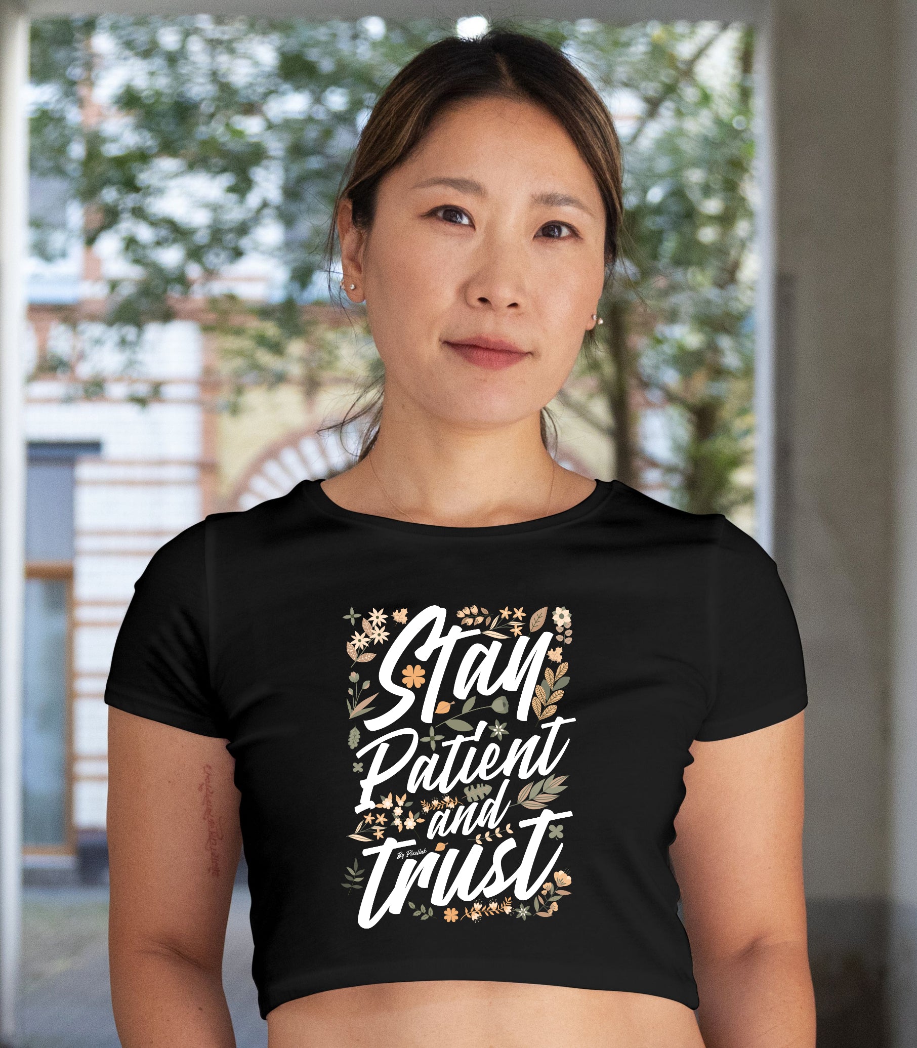 Pixelink - Stay Patient Graphic Printed - Crop Top - Black Color Front View 1