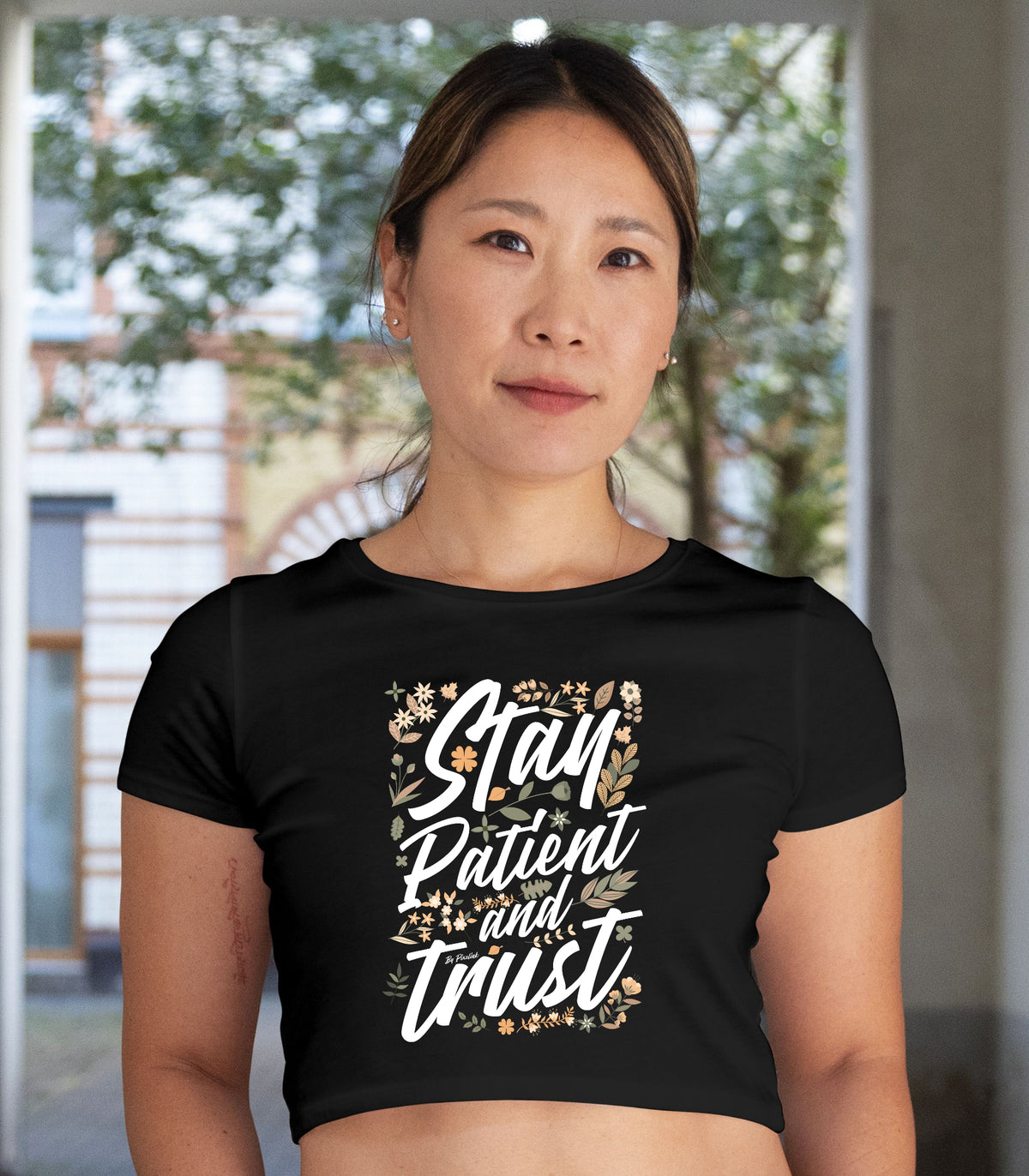 Pixelink - Stay Patient Graphic Printed - Crop Top - Black Color Front View 1