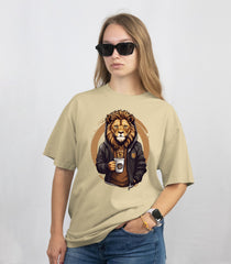 Lion Coffee Beige Oversized T-Shirt Front View 2