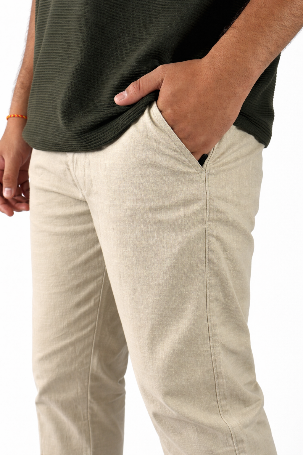 Pixelink Mens Cotton Linen Pants - Smart Fit - Light Beige Color - Pixelink