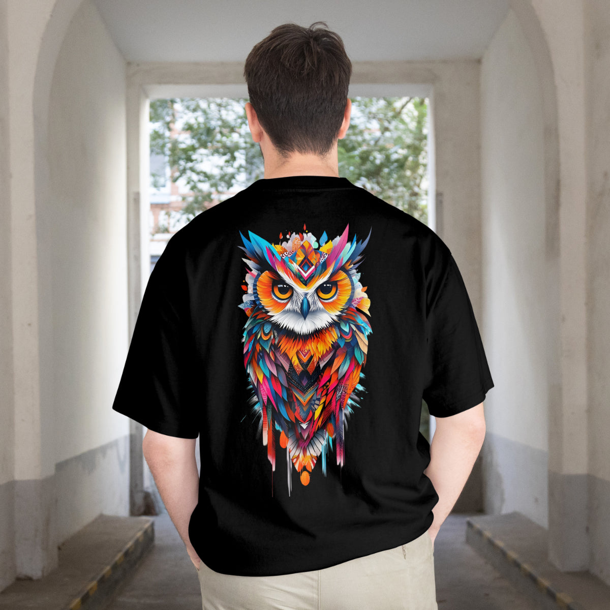 Pixelink - Bold Night Watcher Streetwear – Unisex Oversized T-Shirt - Black Color Back View 1