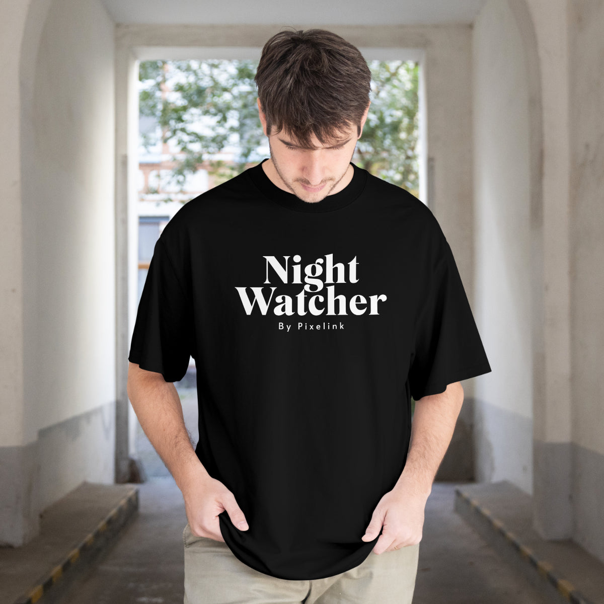 Pixelink - Bold Night Watcher Streetwear – Unisex Oversized T-Shirt - Black Color Front View 1