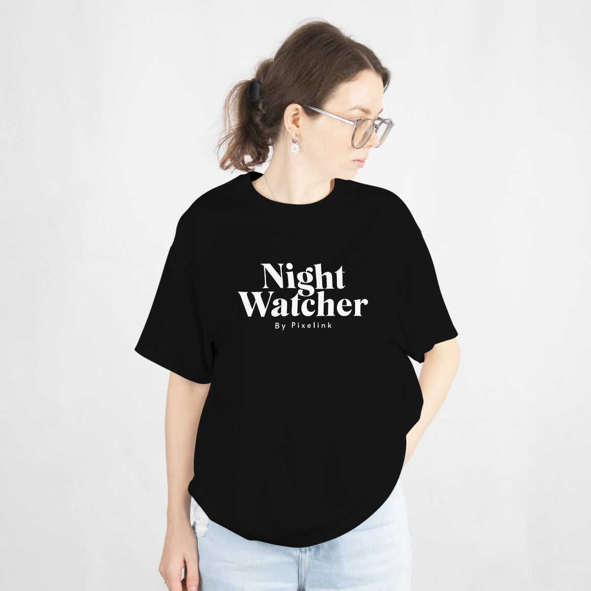 Pixelink - Bold Night Watcher Streetwear – Unisex Oversized T-Shirt - Black Color Front View 2