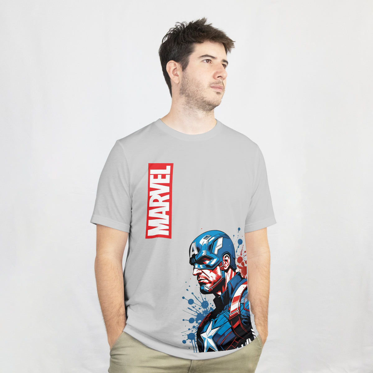 Light Gray Captain America & Marvel Fan Relaxed Fit T-shirt Front View 1