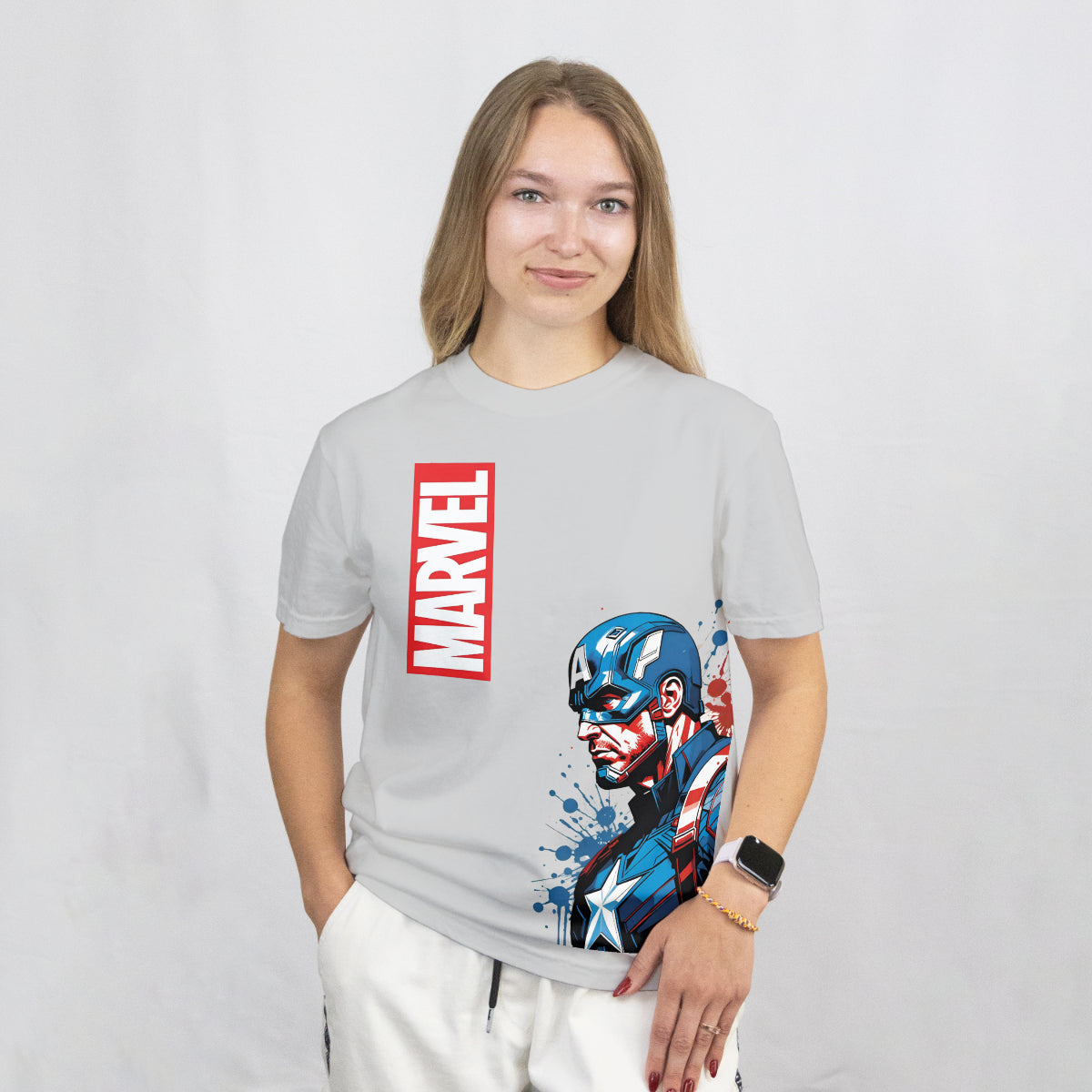 Light Gray Captain America & Marvel Fan Relaxed Fit T-shirt Front View 2