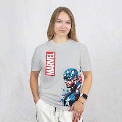 Light Gray Captain America & Marvel Fan Relaxed Fit T-shirt Front View 2