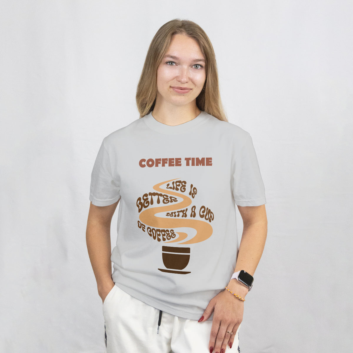 Light Gray Coffee Time Relaxed Fit T-Shirt Front View 2