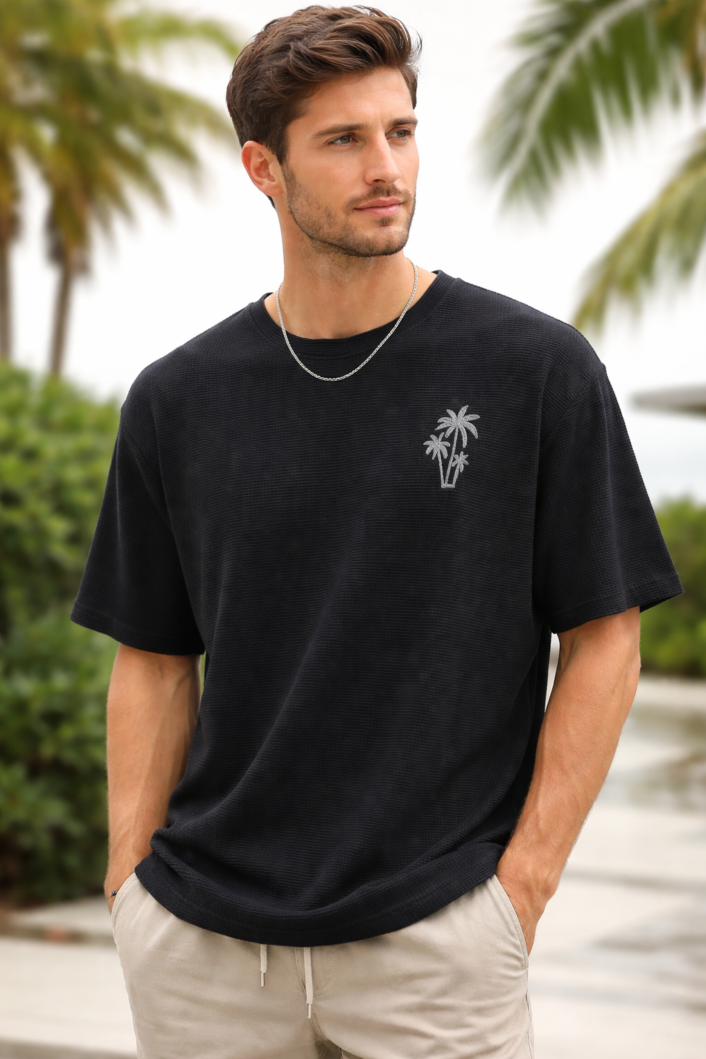 Pixelink - Corduroy Oversized Embroidery - Unisex Oversized T-Shirt - Black Color Front View 1