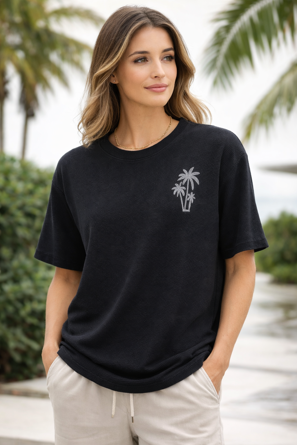 Pixelink - Corduroy Oversized Embroidery - Unisex Oversized T-Shirt - Black Color Front View 2