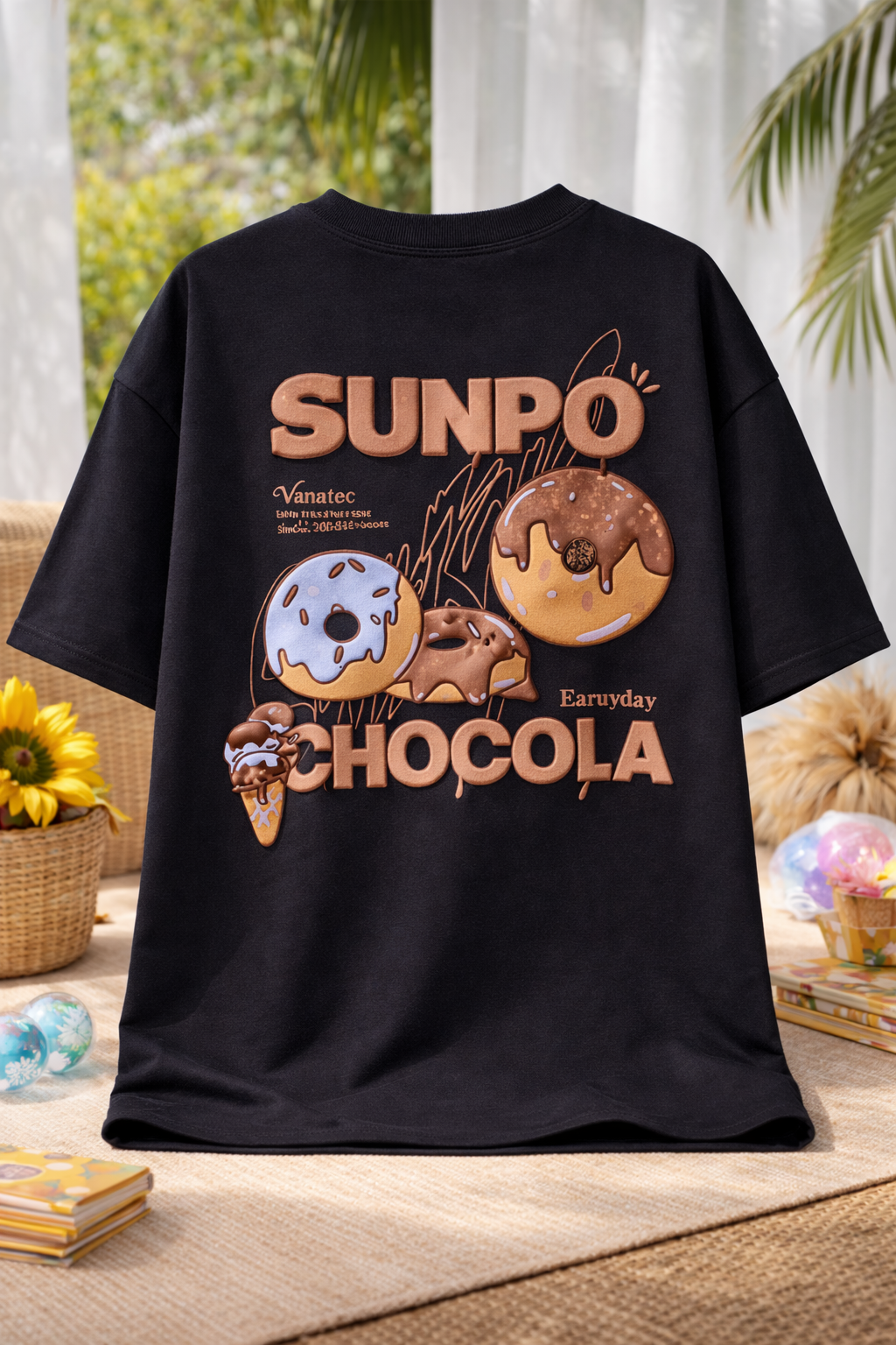 Black Doughnut Oversized Puff Printed T-Shirt Back View 1