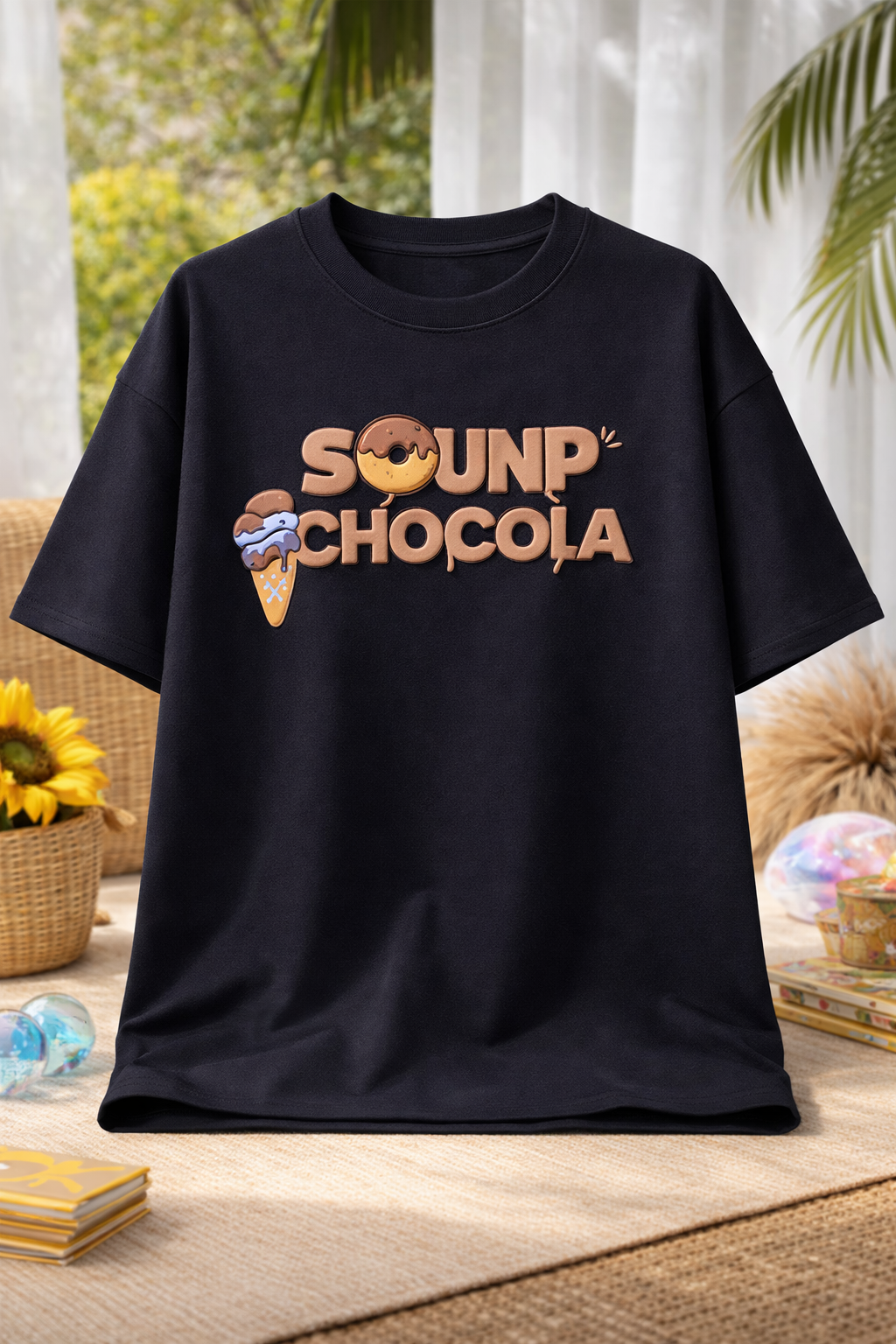 Black Doughnut Oversized Puff Printed T-Shirt Front View 1
