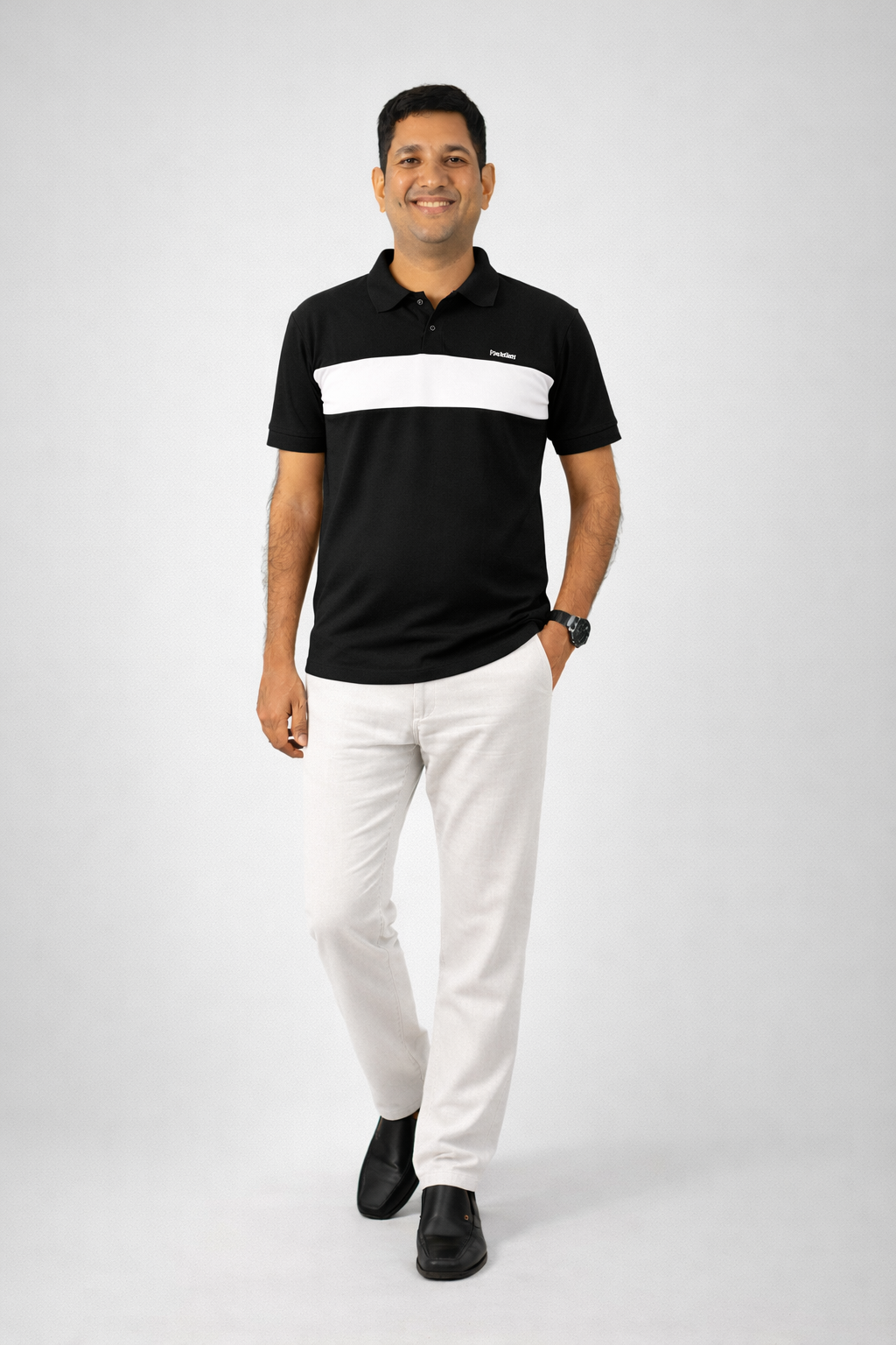 Pixelink - Front Half Stripe Polo T-Shirt - Casual Wear - Black Color Front View