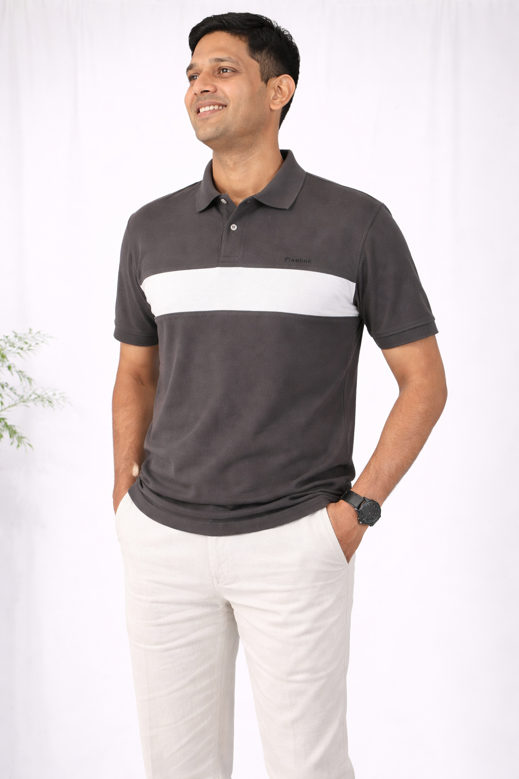 Pixelink - Front Half Stripe Polo T-Shirt - Casual Wear - Violet Gray Color Front View
