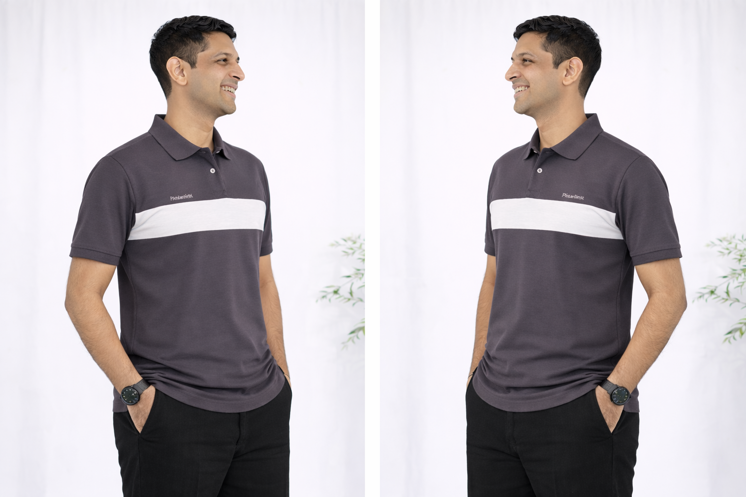 Pixelink - Front Half Stripe Polo T-Shirt - Casual Wear - Violet Gray Color Side Angle
