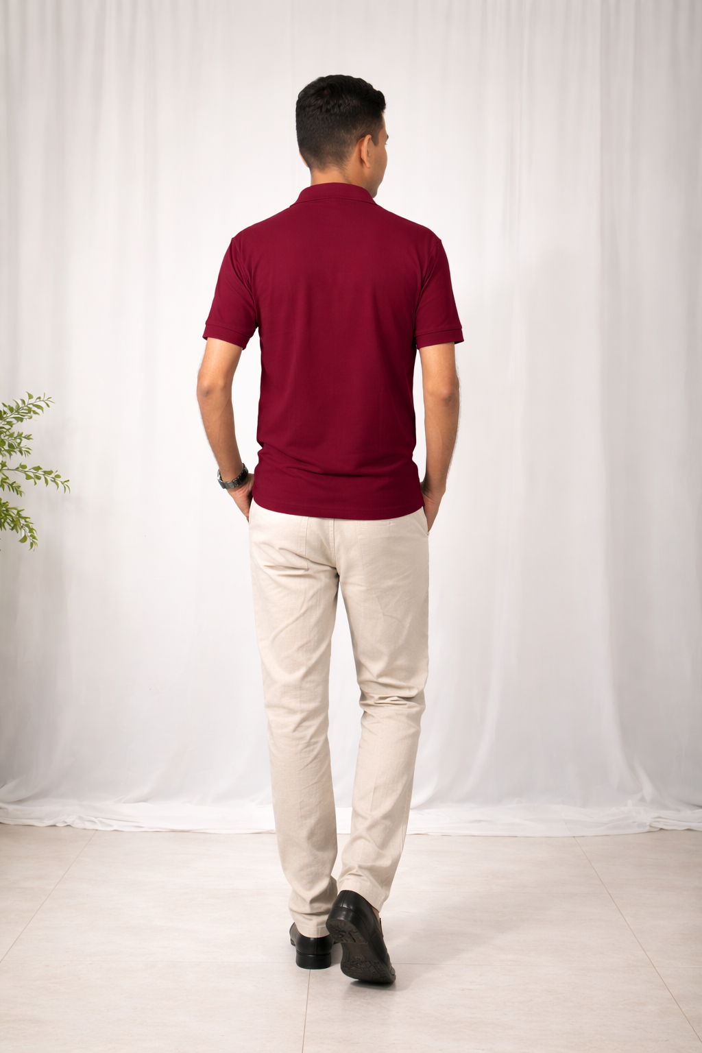 Pixelink - Front Half Stripe Polo T-Shirt - Casual Wear - Wine Color Back View