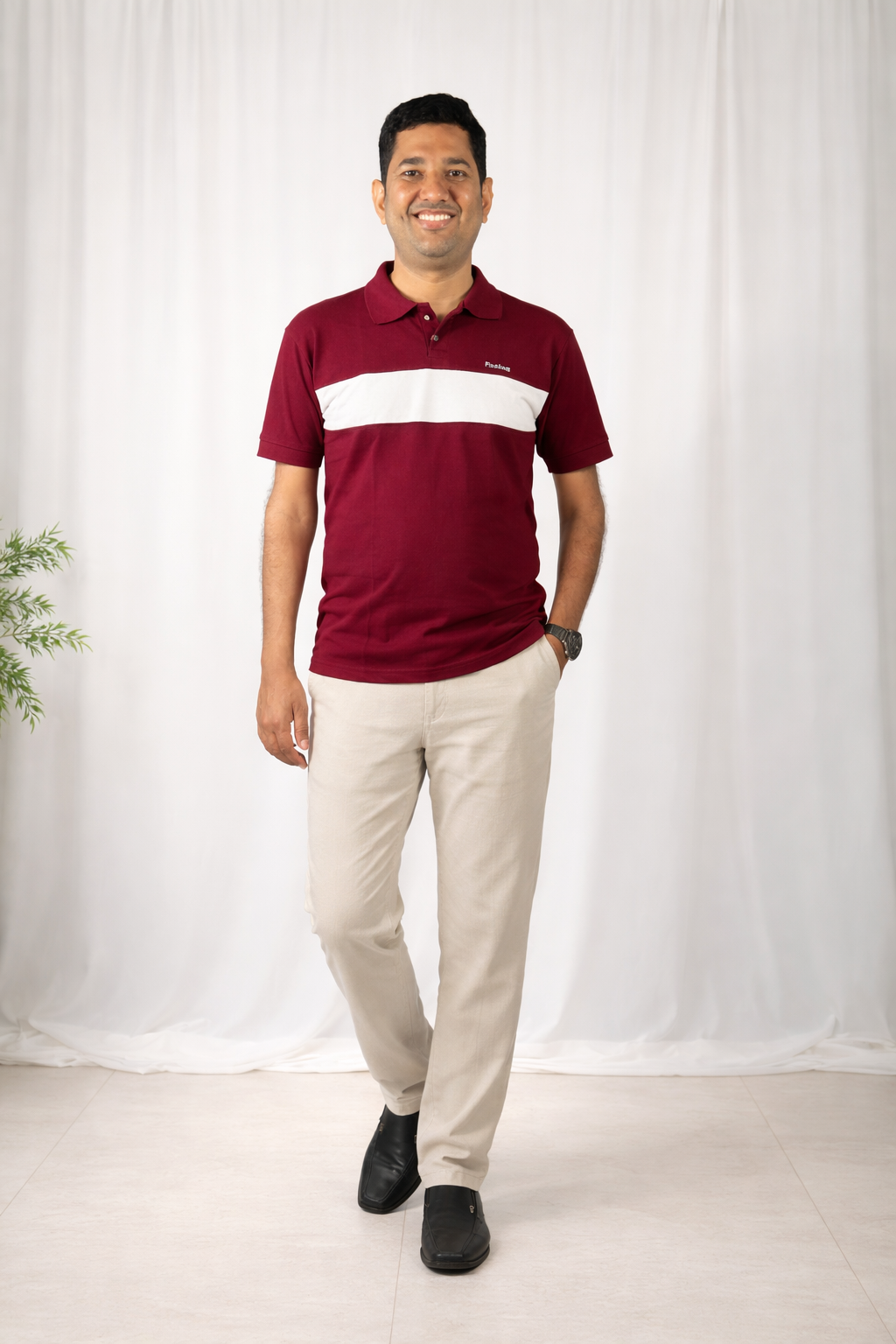 Pixelink - Front Half Stripe Polo T-Shirt - Casual Wear - Wine Color Front View