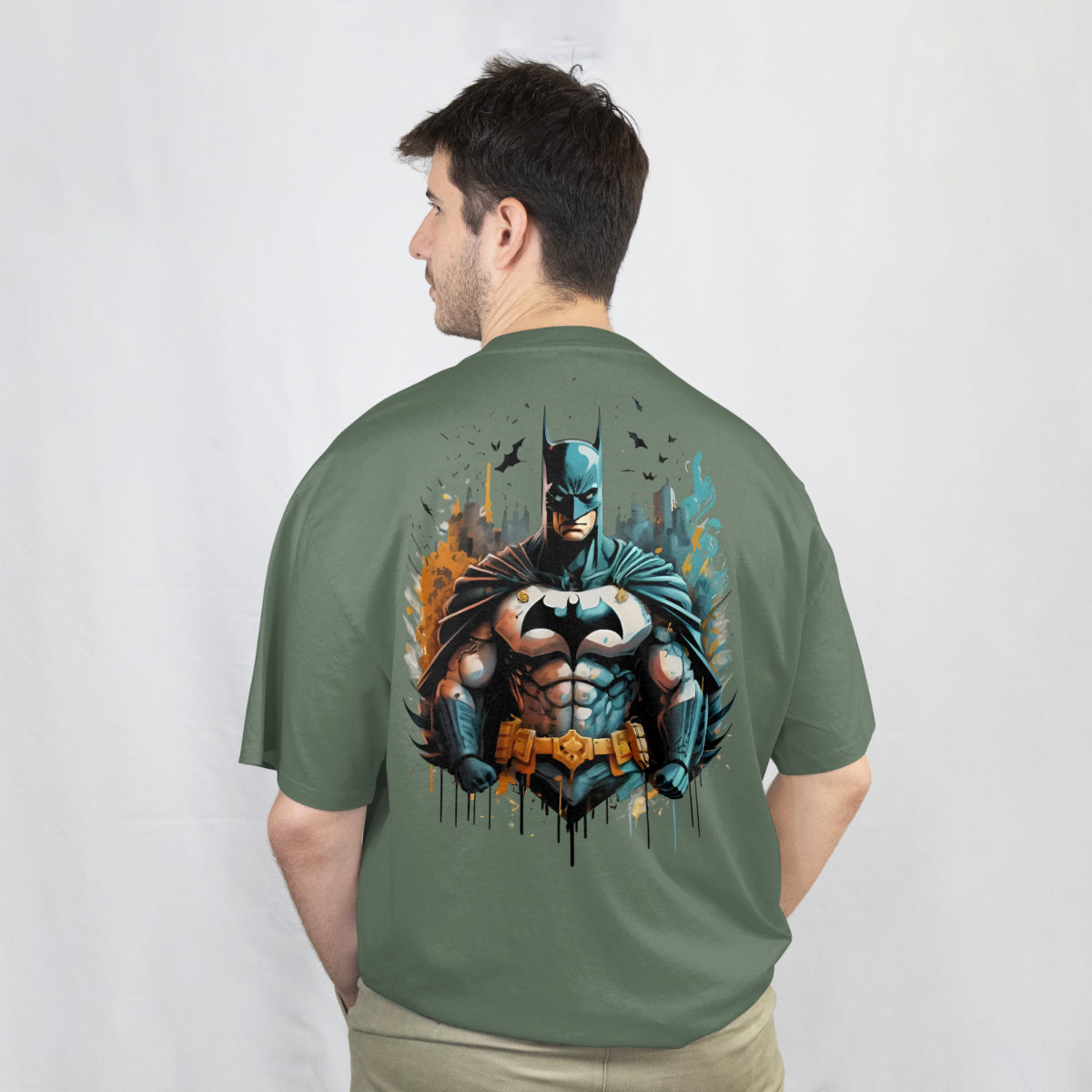 Batman Savior for Gotham City Dark Olive Oversized T-Shirt Back View 1