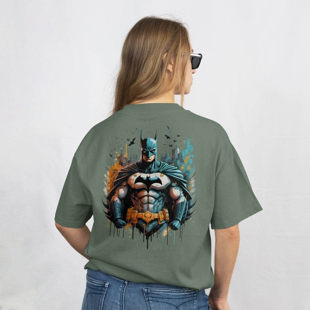Batman Savior for Gotham City Dark Olive Oversized T-Shirt Back View 2