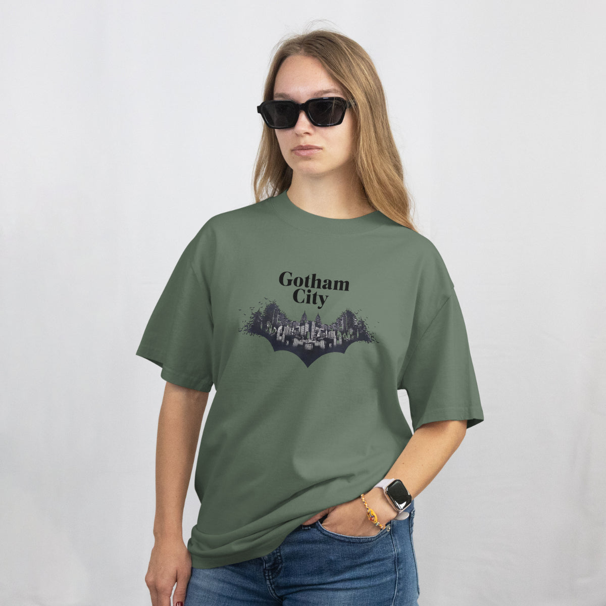 Batman Savior for Gotham City Dark Olive Oversized T-Shirt Front View 2