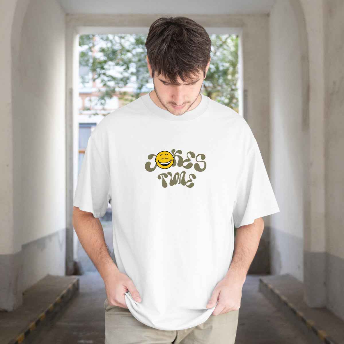 Jokes Time White Oversized T-Shirt Front View 1