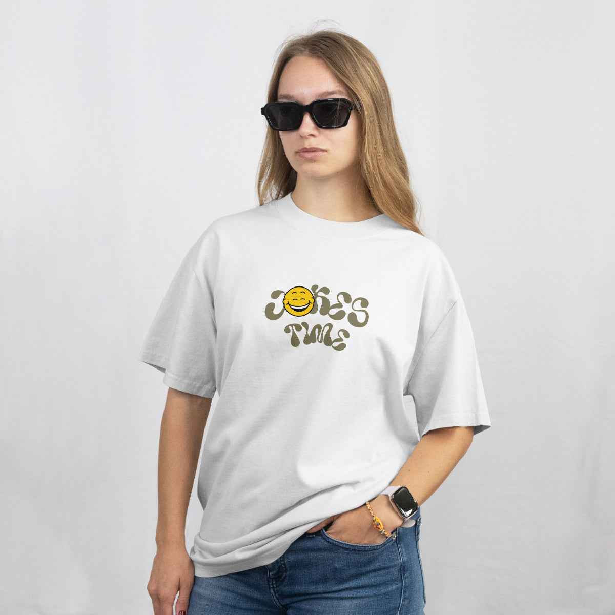 Jokes Time White Oversized T-Shirt Front View 2