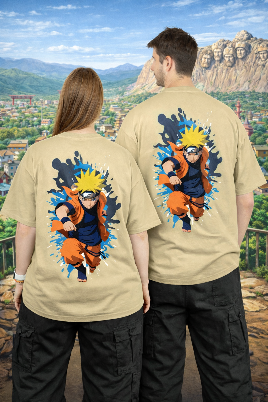 Naruto Anime Beige Oversized T-Shirt Full Back View