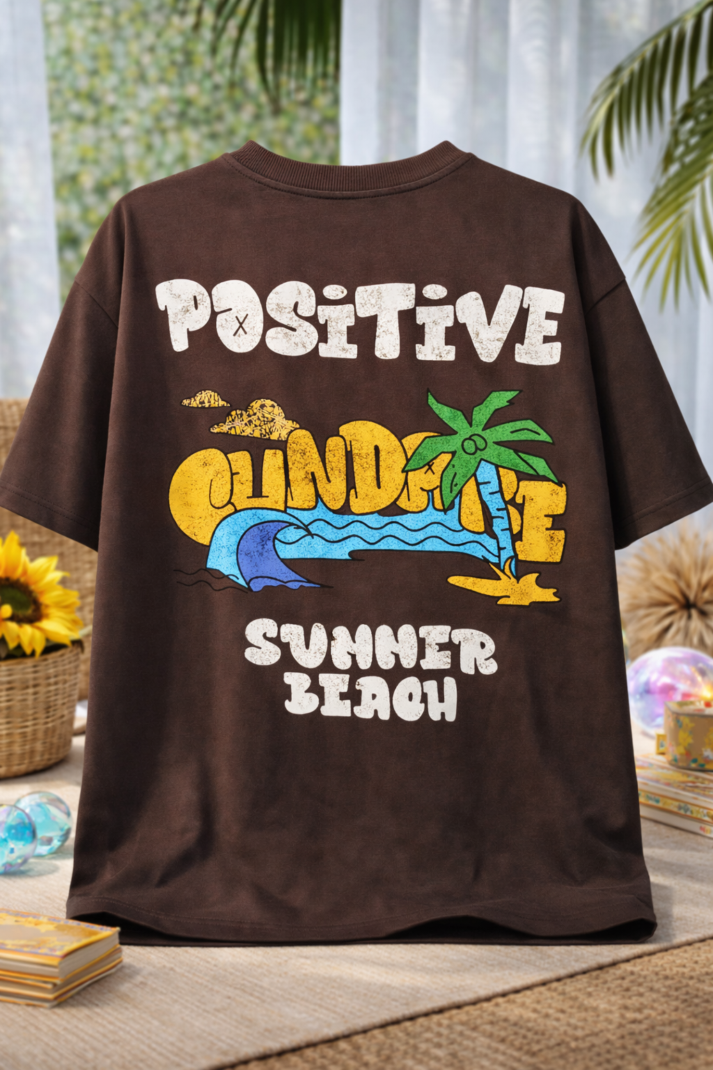 Pixelink - Positive Beach - Puff and Texture Print - Unisex Oversized T-Shirt - Brown Color Back View 1