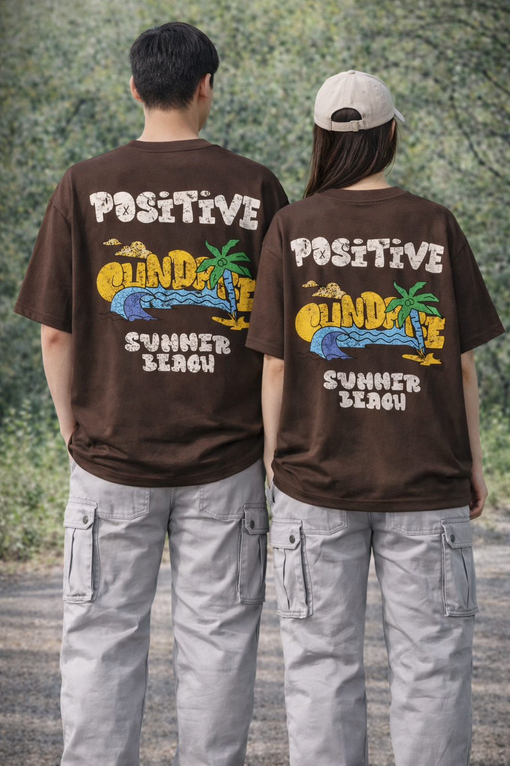 Pixelink - Positive Beach - Puff and Texture Print - Unisex Oversized T-Shirt - Brown Color Back View 2