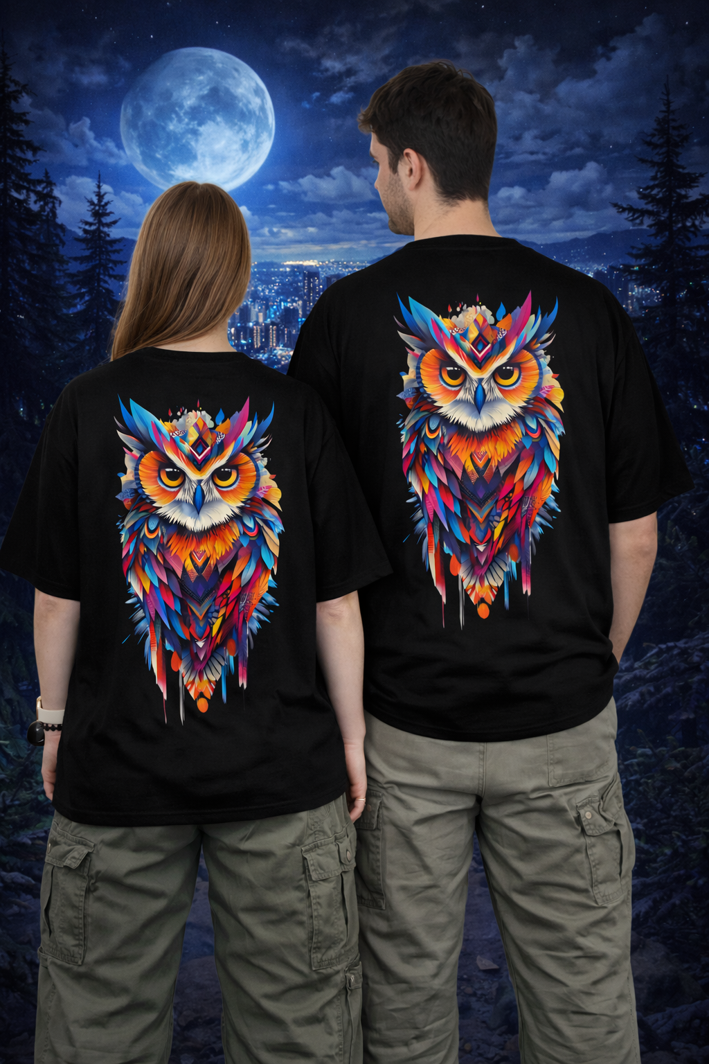 Pixelink - Bold Night Watcher Streetwear – Unisex Oversized T-Shirt - Black Color - Pixelink