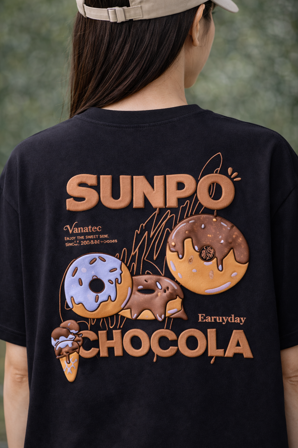 Black Doughnut Oversized Puff Printed T-Shirt Back View 3