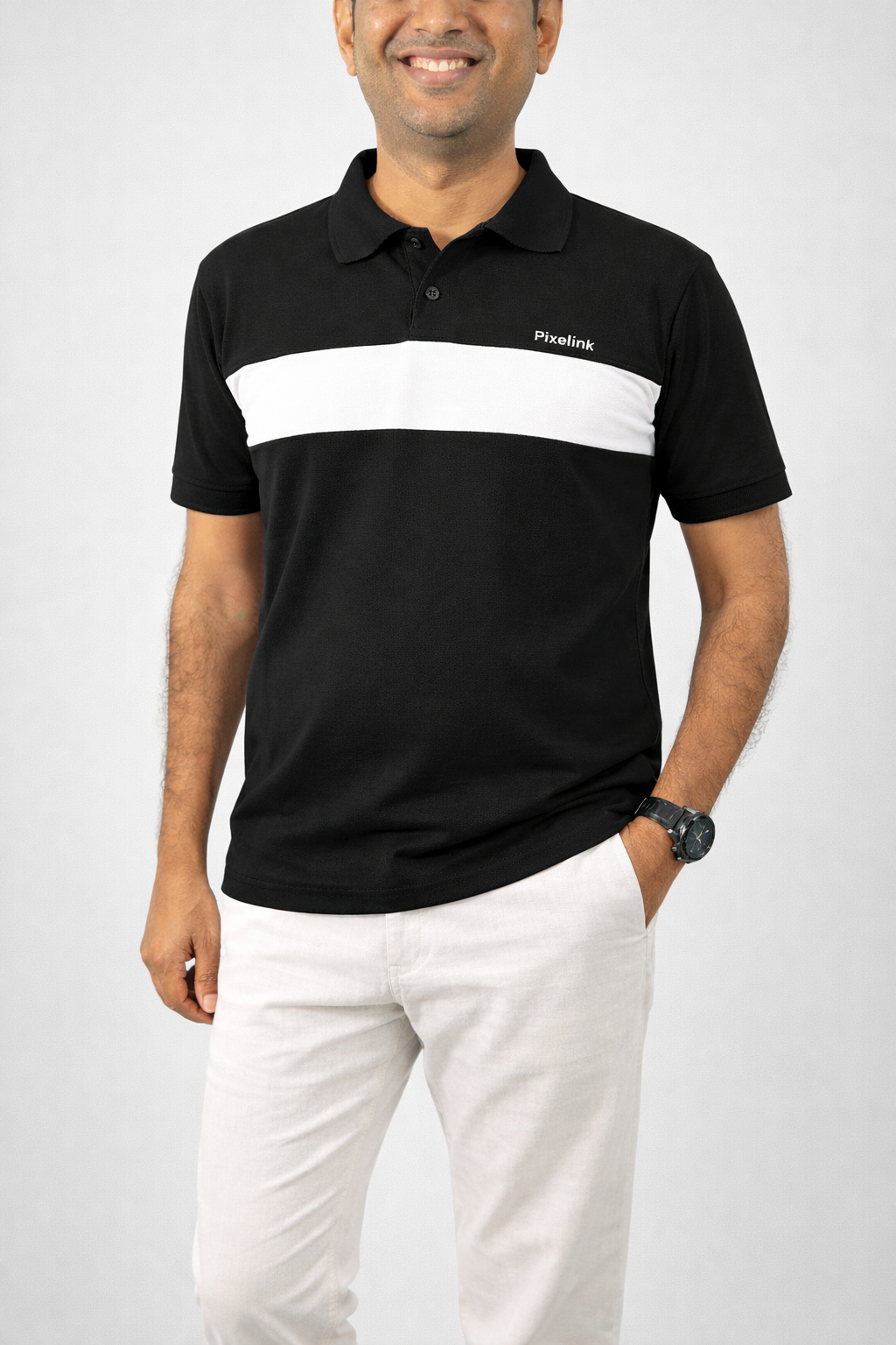 Pixelink - Front Half Stripe Polo T-Shirt - Casual Wear - Black Color Closer View