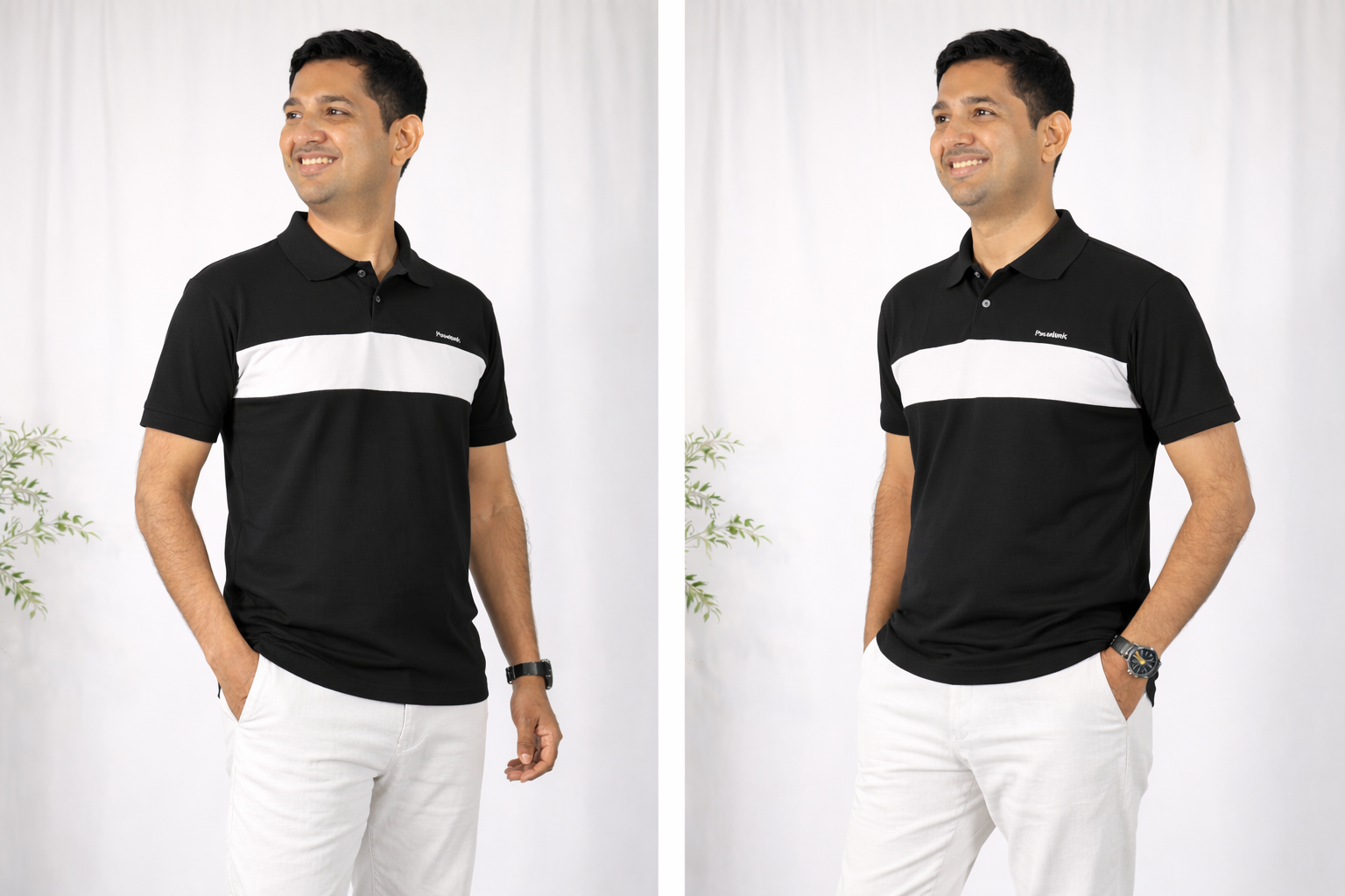 Pixelink - Front Half Stripe Polo T-Shirt - Casual Wear - Black Color Side Angle