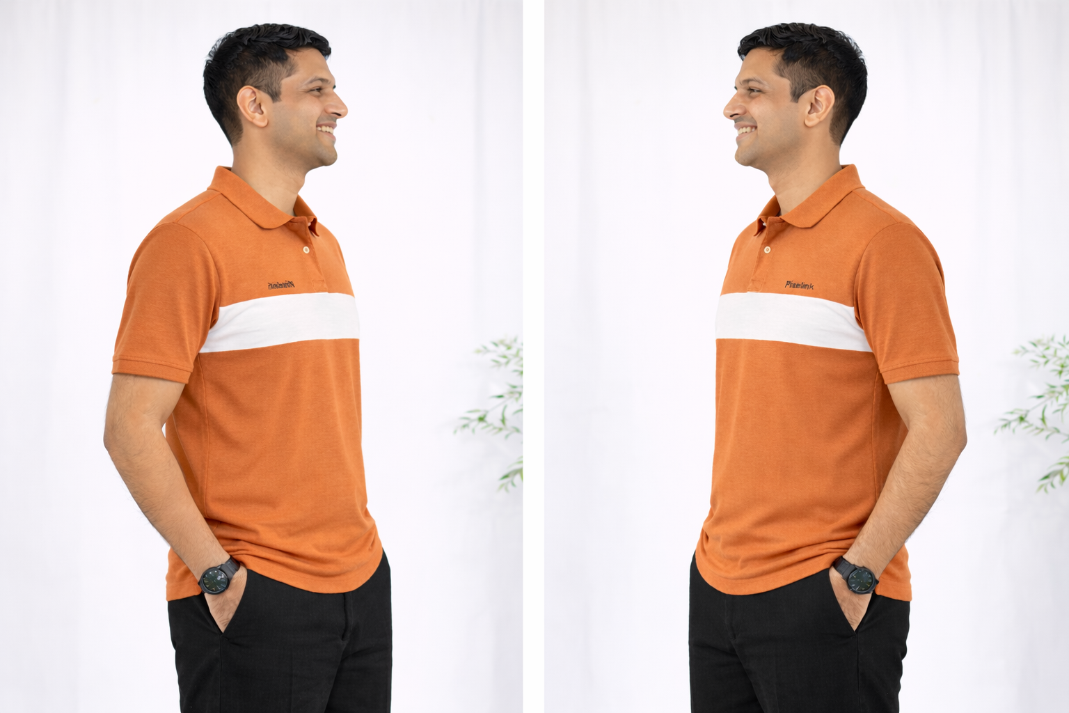 Pixelink - Front Half Stripe Polo T-Shirt - Casual Wear - Carrot Color Side Angle