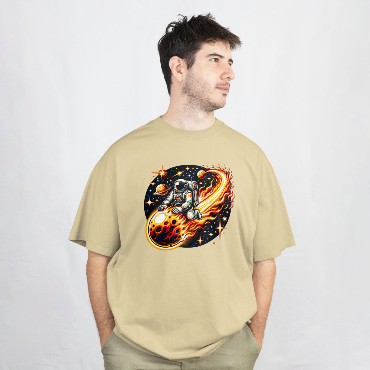 Space Travel Beige Oversized T-Shirt Front View 1