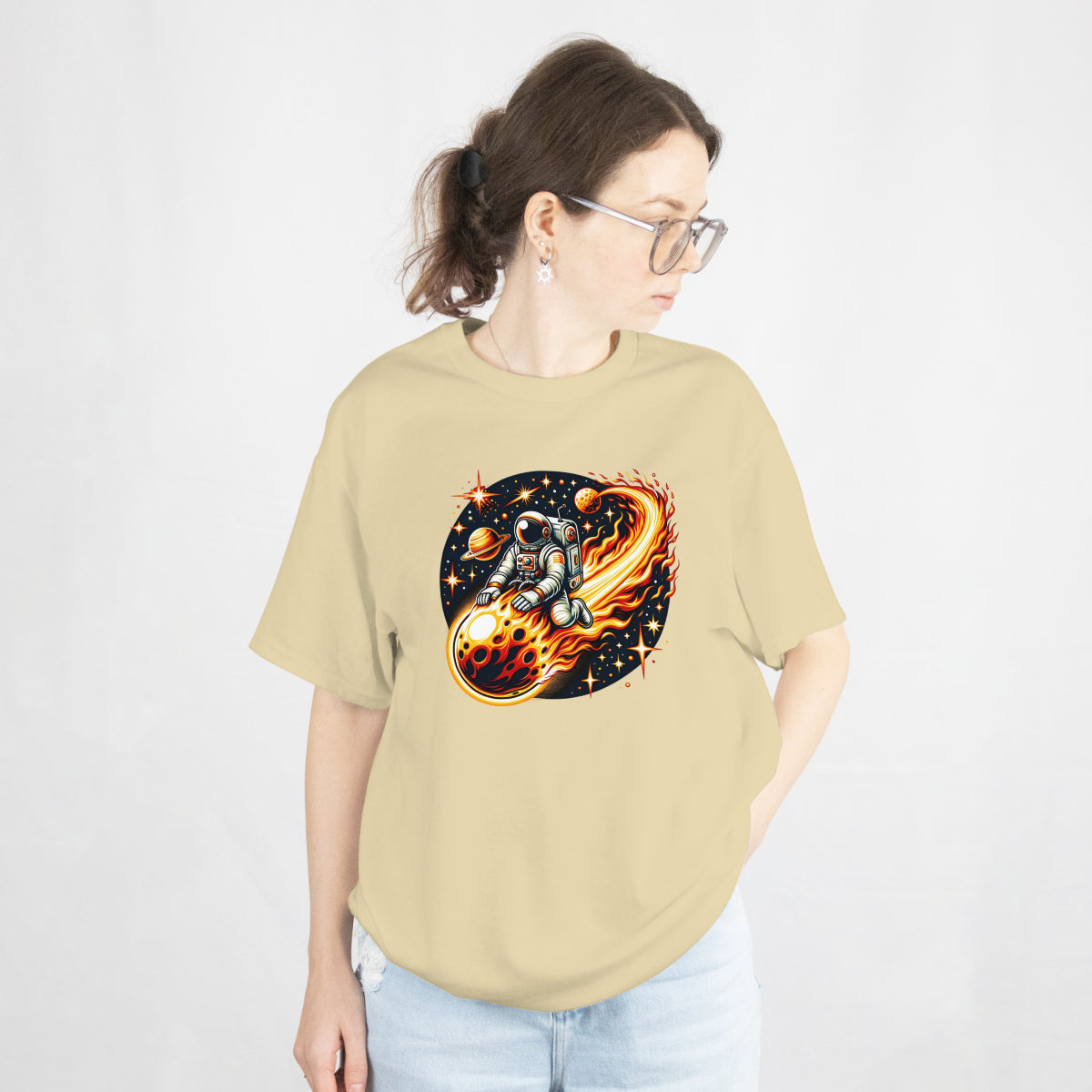 Space Travel Beige Oversized T-Shirt Front View 2